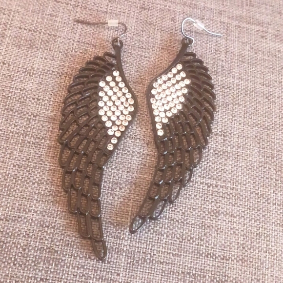 Jewelry - Black Goth Feather Wings Earrings w/ Clear Crystals - Pre-loved (3.5")